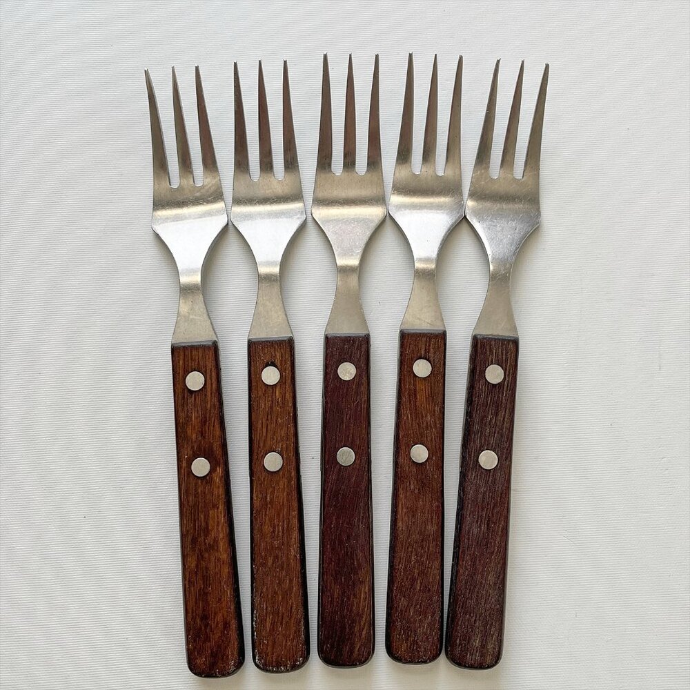 Vtg MCM Zwilling J.A. Henckels Stainless Rostfrei Dinner Fork Wooden Handle 5pc